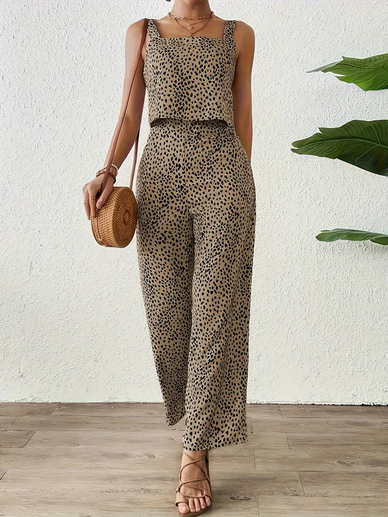 Mouwloze jumpsuit met vierkante hals en all-over print | Esmeralda