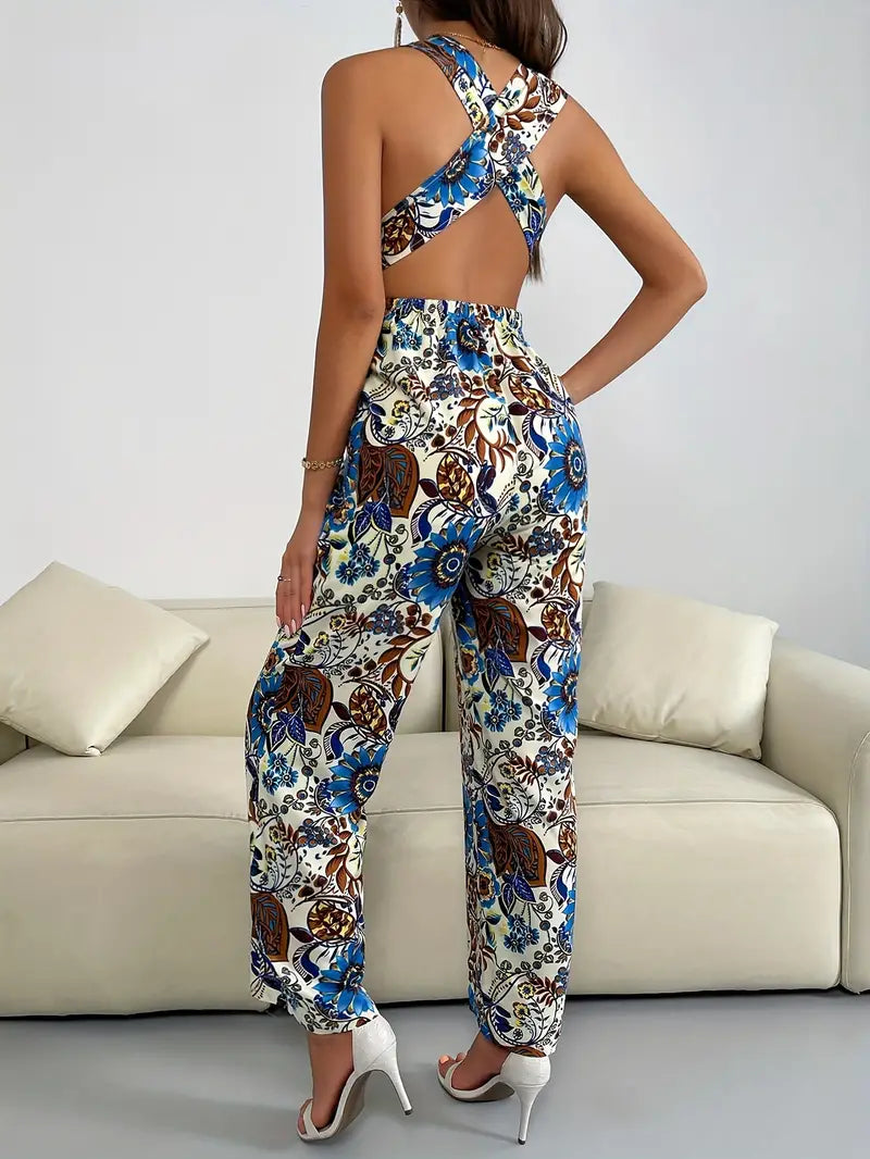 Elegante jumpsuit met bloemenmotief en gekruiste rug | Eveline