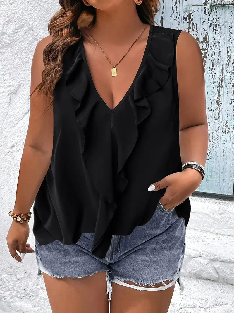 Plus size top zonder mouwen met ruche hals | Tanya