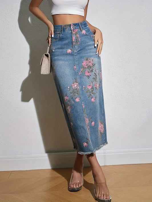 Casual lange jeansrok met vintage bloemenprint | Caroline