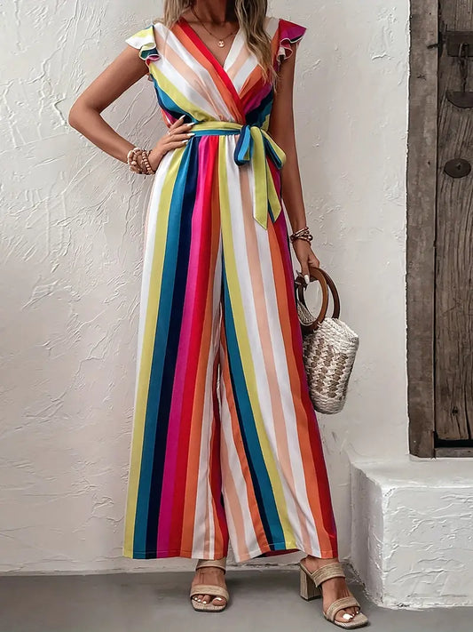 V-hals jumpsuit met regenboogprint en fladdermouwenj | Alana