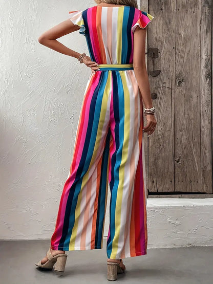 V-hals jumpsuit met regenboogprint en fladdermouwenj | Alana