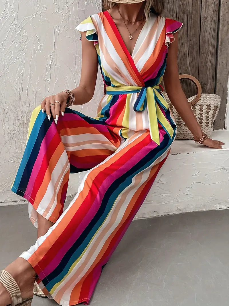 V-hals jumpsuit met regenboogprint en fladdermouwenj | Alana