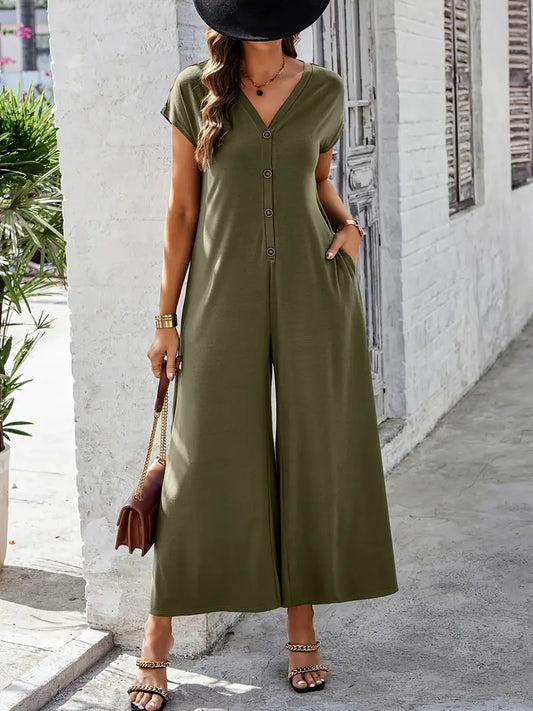 Casual jumpsuit met V-hals en knopen, korte mouwen | Florence