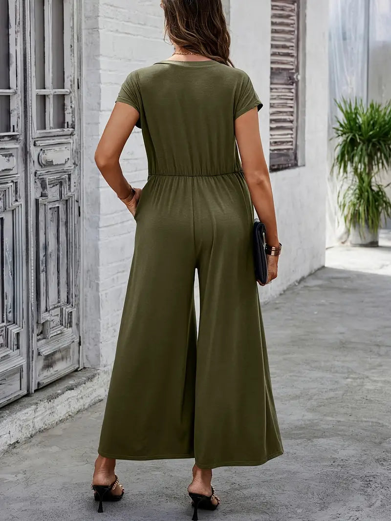 Casual jumpsuit met V-hals en knopen, korte mouwen | Florence