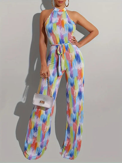 Mouwloze jumpsuit met tailleband en kleurrijke print | Edwina