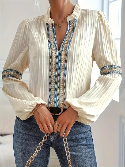 Bohemian style blouse met V-hals en pofmouwen | Cassia