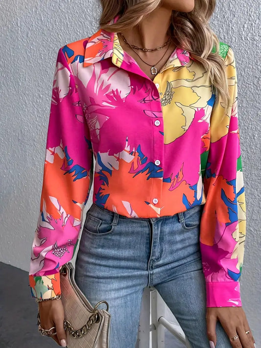 Blouse met knopen en abstracte kleurrijke print | Marga