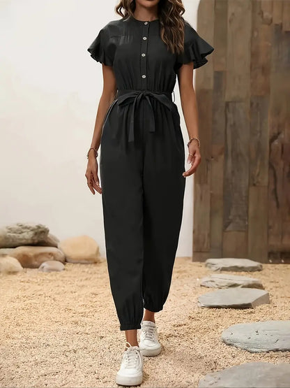 Jumpsuit met ruche mouwen, knopen en tailleband | Amy