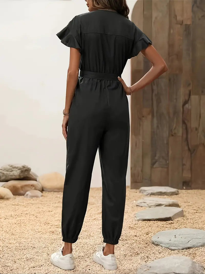 Jumpsuit met ruche mouwen, knopen en tailleband | Amy