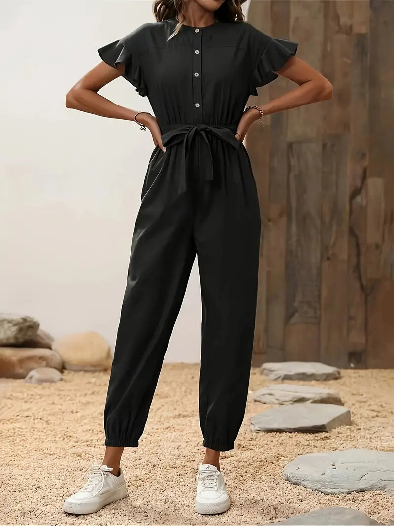 Jumpsuit met ruche mouwen, knopen en tailleband | Amy