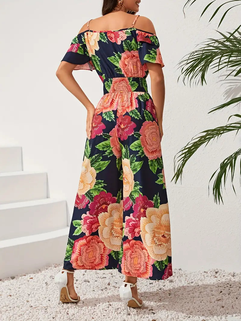 Mouwloze jumpsuit met bloemenprint en spaghettibandjes, open schouders | Caren