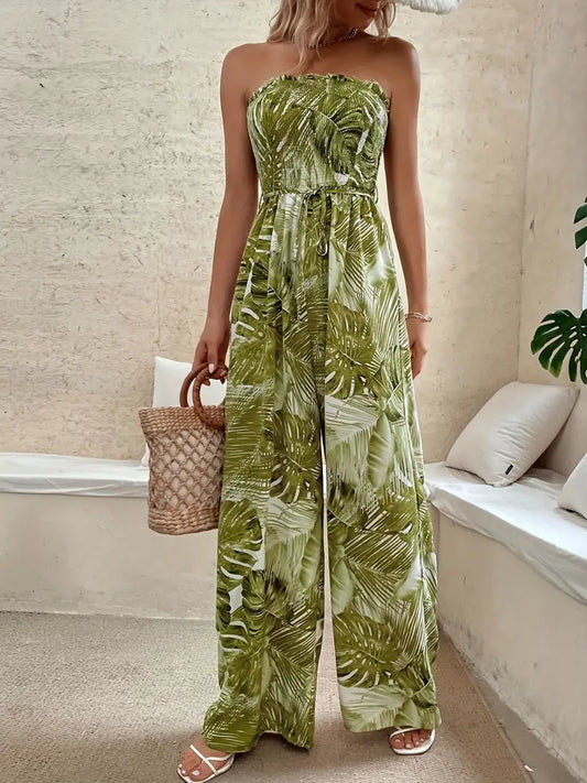 Gesmokte jumpsuit zonder mouwen met tropische print | Francoise