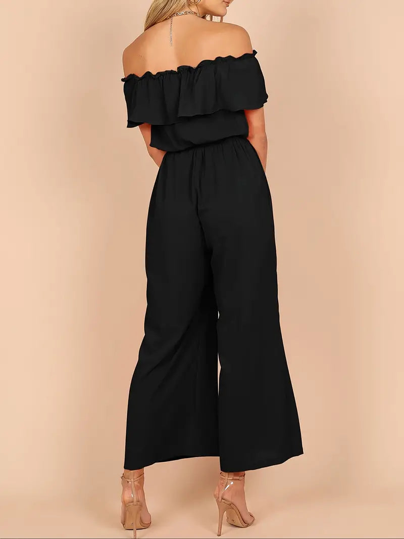 Zomerse jumpsuit zonder schouders met ruches | Bauwien