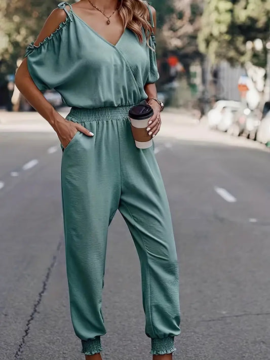 Zomerse jumpsuit met uitgesneden schouders en gesmokte taille | Anouska