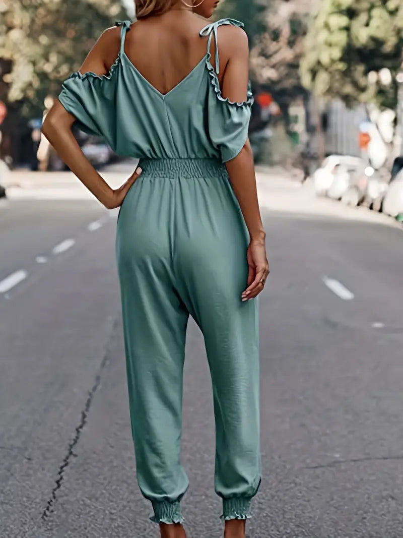 Zomerse jumpsuit met uitgesneden schouders en gesmokte taille | Anouska