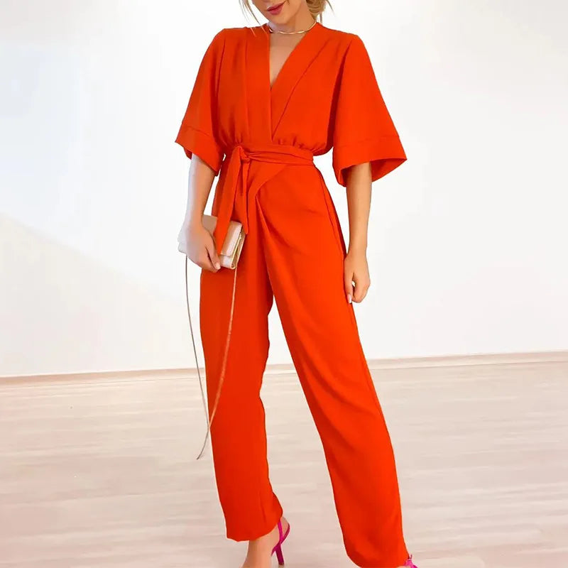 Effen jumpsuit met V-hals en korte mouwen | Anja