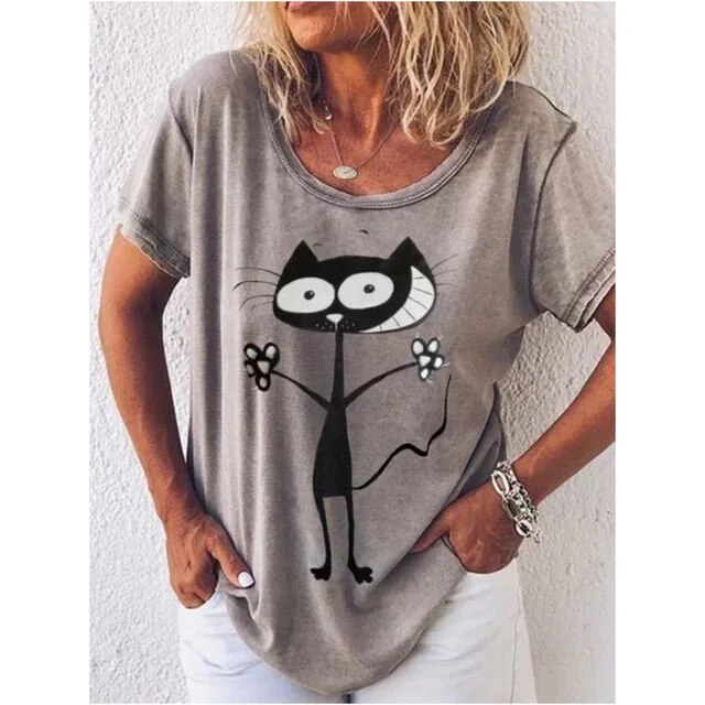 T-shirt met V-hals en katten design | Dorothea