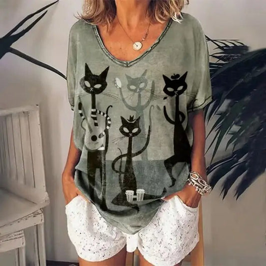 T-shirt met V-hals en katten design | Dorothea