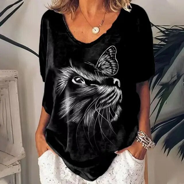 T-shirt met V-hals en katten design | Dorothea