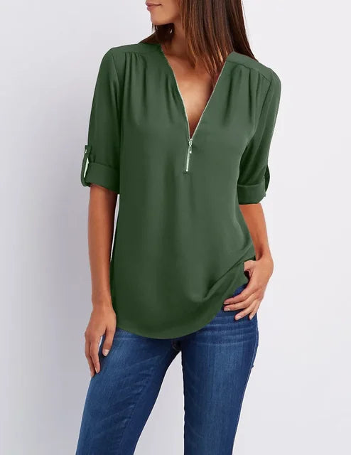 Casual V-hals blouse met halflange rits | Pernille