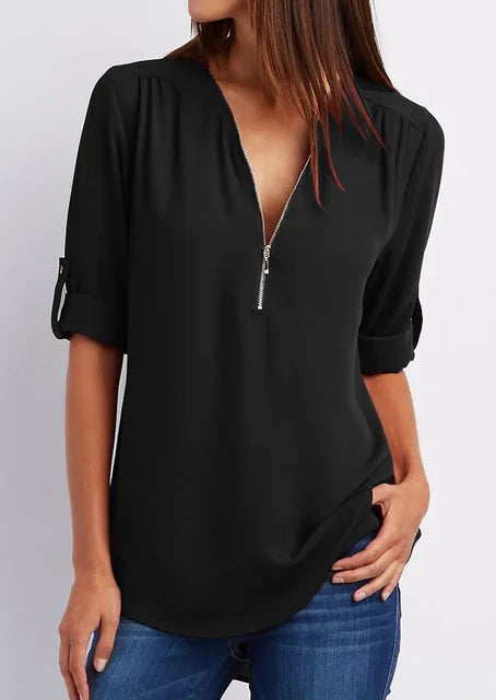 Casual V-hals blouse met halflange rits | Pernille