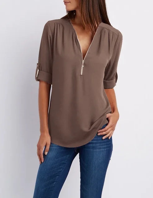 Casual V-hals blouse met halflange rits | Pernille