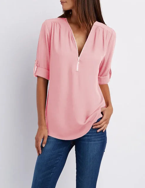 Casual V-hals blouse met halflange rits | Pernille