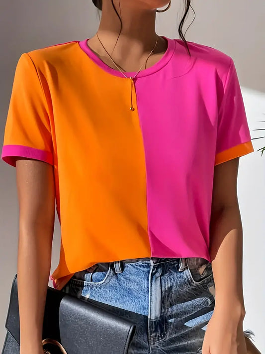 T-shirt met 2 kleurzones, oranje en roze | Carmel