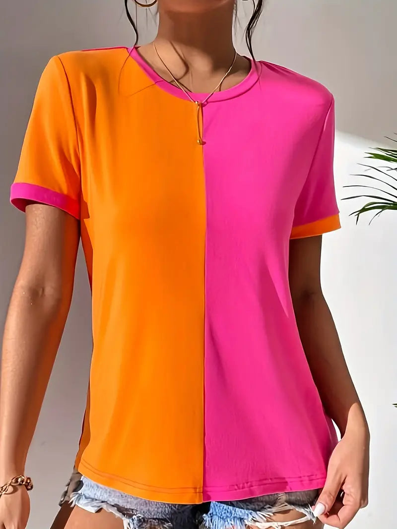 T-shirt met 2 kleurzones, oranje en roze | Carmel